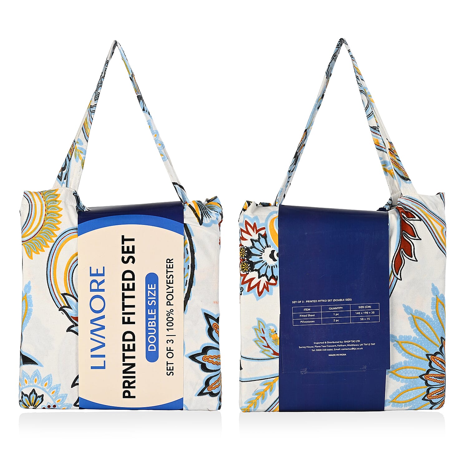 Livmore  Set of 3 Printed Micro Fitted Sheets With 2 x Pillow Cases For Double Bed (Size 140x190x30Cm) - Blue White & Multicolour