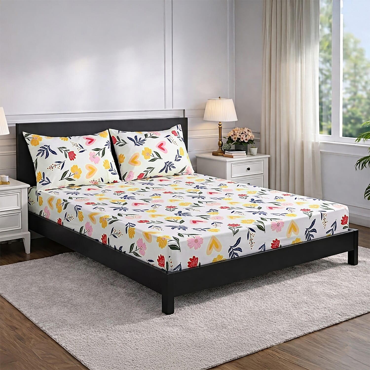 Livmore  Set of 3 Printed Micro Fitted Sheets With 2 x Pillow Cases King Bed (Size 150x200x30 Cm) - White, Yellow & Multicolour