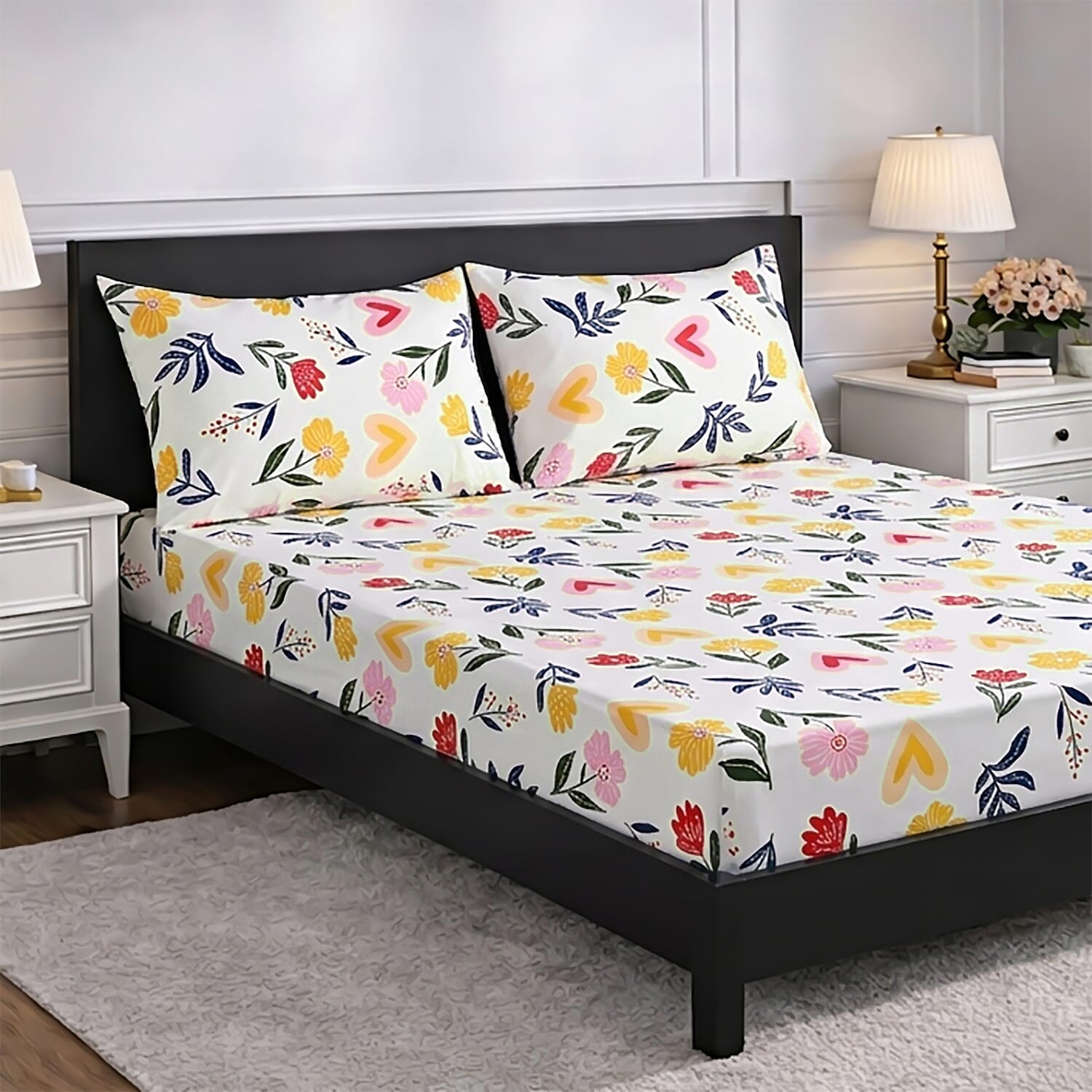Livmore  Set of 3 Printed Micro Fitted Sheets With 2 x Pillow Cases King Bed (Size 150x200x30 Cm) - White, Yellow & Multicolour