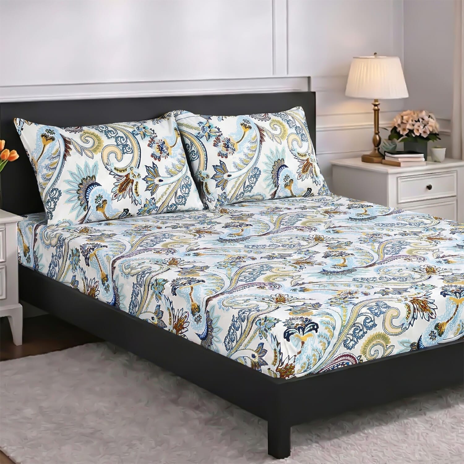 Livmore  Set of 3 Printed Micro Fitted Sheets With 2 x Pillow Cases King Bed (Size 150x200x30 Cm) - Blue White & Multicolour