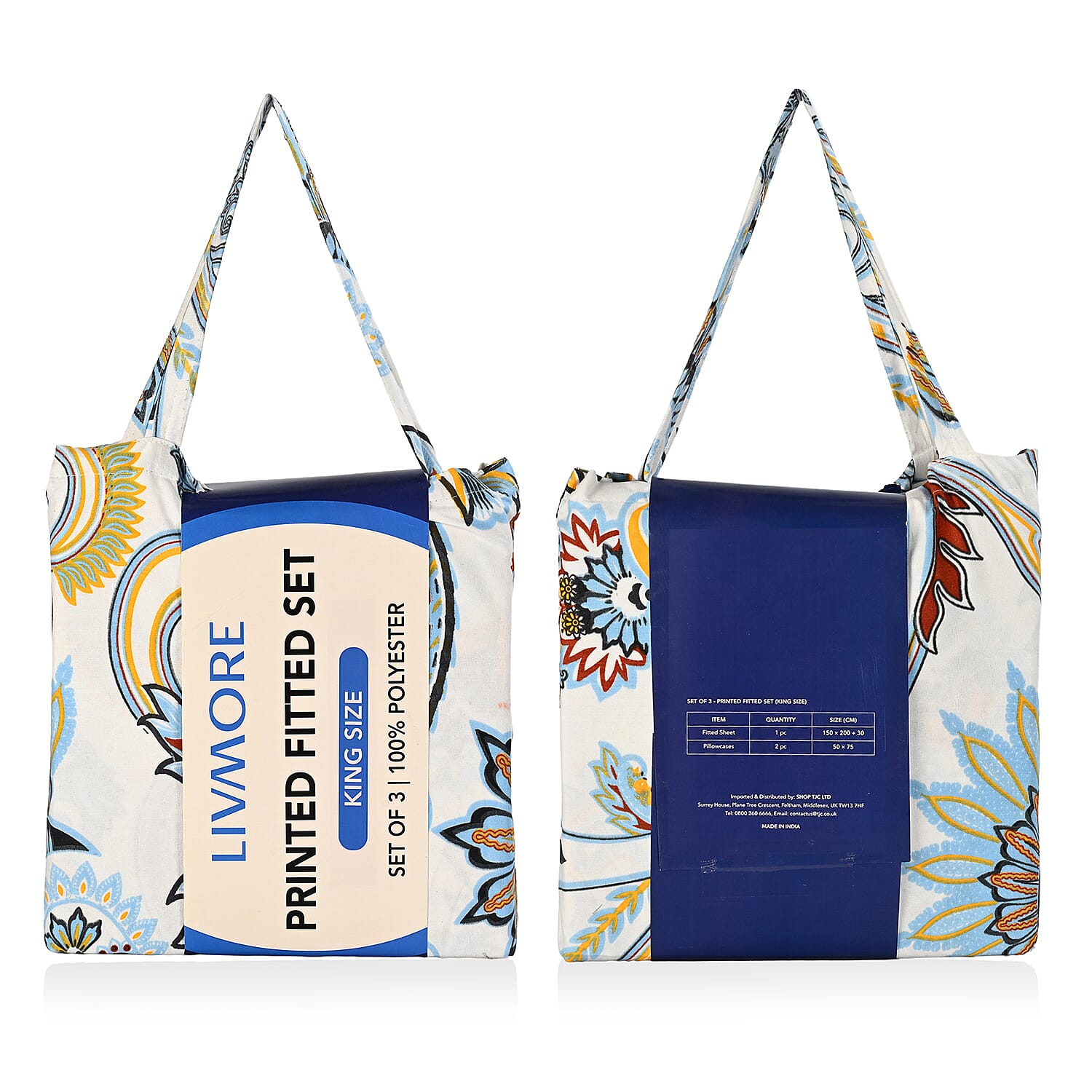 Livmore  Set of 3 Printed Micro Fitted Sheets With 2 x Pillow Cases King Bed (Size 150x200x30 Cm) - Blue White & Multicolour
