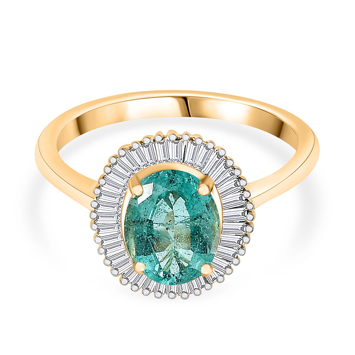 9K Yellow Gold AAA Gemfields Zambian Emerald & Natural White Diamond Halo Ring 1.32 Ct.