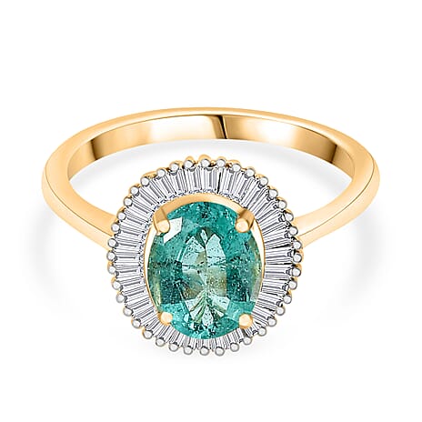 9K Yellow Gold AAA Gemfields Zambian Emerald & Natural White Diamond Halo Ring 1.32 Ct.
