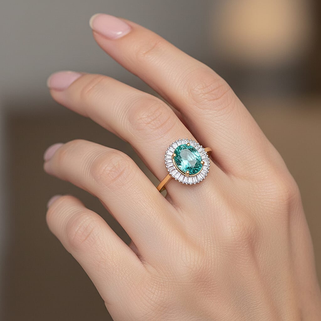 9K Yellow Gold AAA Gemfields Zambian Emerald & Natural White Diamond Halo Ring 1.32 Ct.
