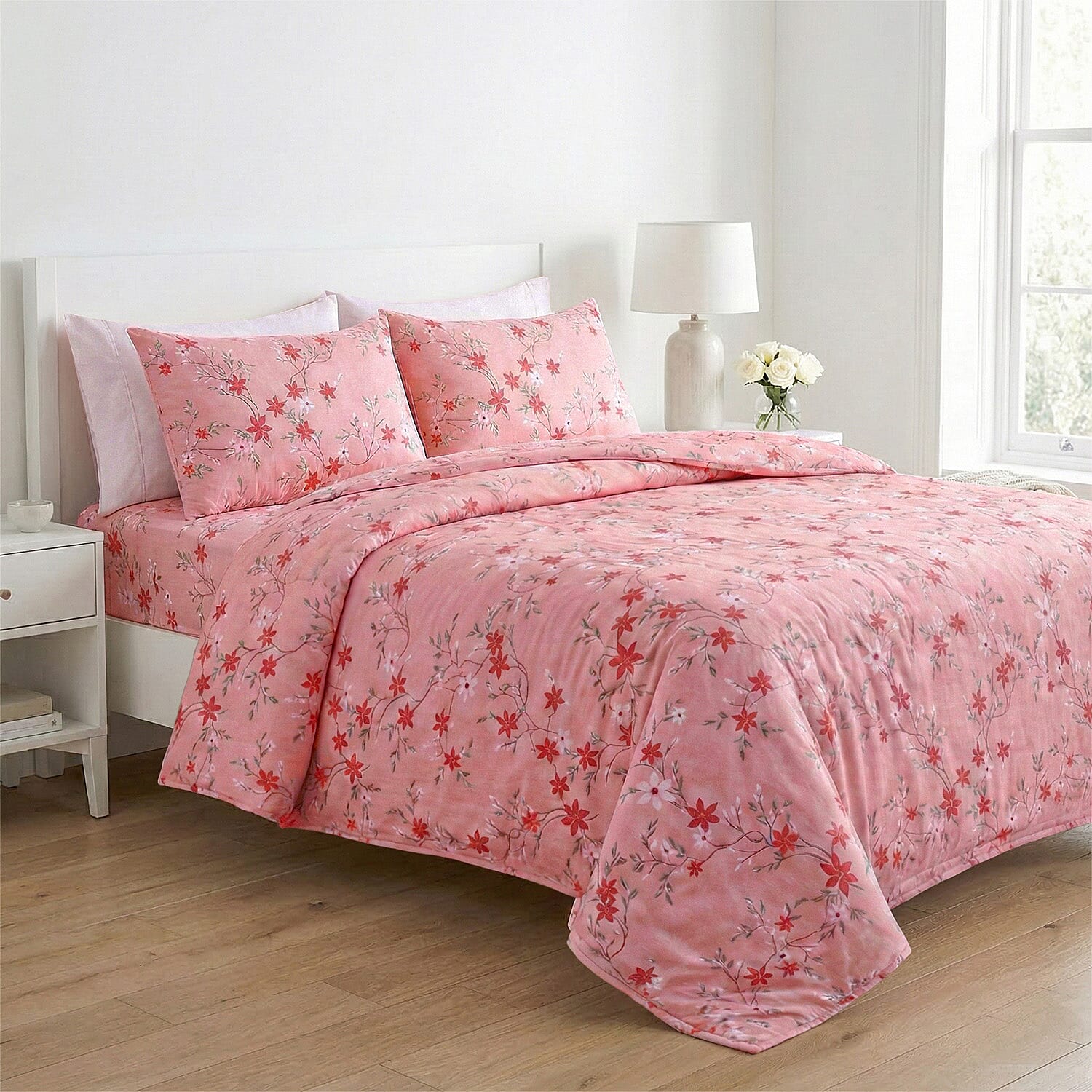 LIVMORE 4-Piece Floral Printed Microfiber Bedding Set - inc. Duvet Cover Deep Fitted Sheet & 2 Pillowcases