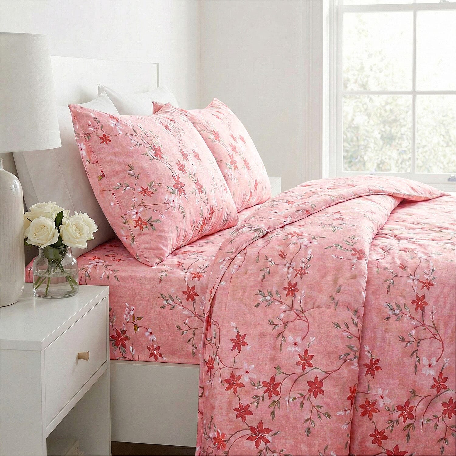 LIVMORE 4-Piece Floral Printed Microfiber Bedding Set - inc. Duvet Cover Deep Fitted Sheet & 2 Pillowcases