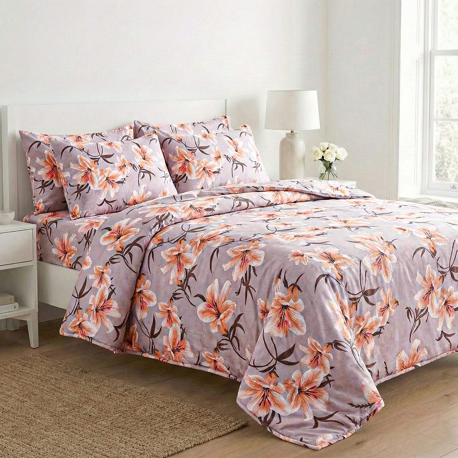 LIVMORE 4-Piece Floral Printed Microfiber Bedding Set - inc. Duvet Cover Deep Fitted Sheet & 2 Pillowcases