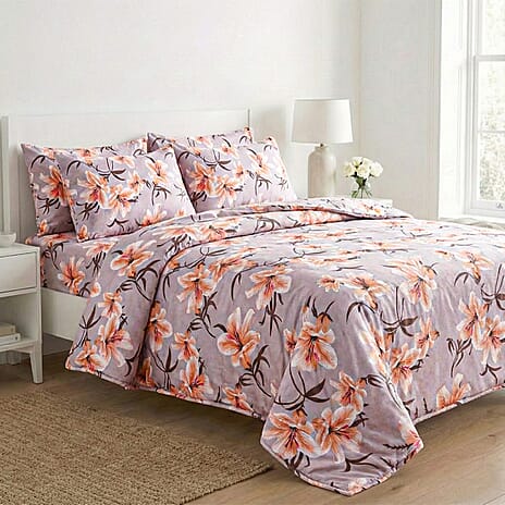 LIVMORE 4-Piece Floral Printed Microfiber Bedding Set - inc. Duvet Cover, Deep Fitted Sheet & 2 Pillowcases (Double, 200x200cm) - Lily