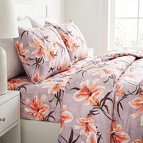 LIVMORE 4-Piece Floral Printed Microfiber Bedding Set - inc. Duvet Cover, Deep Fitted Sheet & 2 Pillowcases (Double, 200x200cm) - Lily