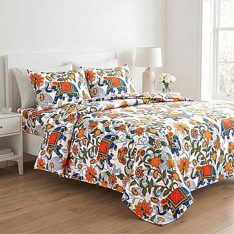 LIVMORE 4-Piece Elephant Print Bedding Set - inc. Duvet Cover, Deep Fitted Sheet & 2 Pillowcases (Double, 200x200cm) - Elephant