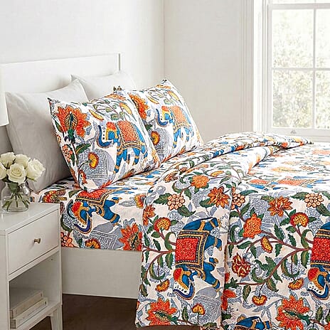 LIVMORE 4-Piece Elephant Print Bedding Set - inc. Duvet Cover, Deep Fitted Sheet & 2 Pillowcases (Double, 200x200cm) - Elephant