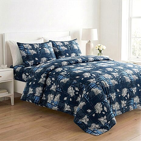Livmore 4-Piece Floral Print Bedding Set - inc. Duvet Cover, Deep Fitted Sheet & 2 Pillowcases (Double, 200x200cm) - Navy