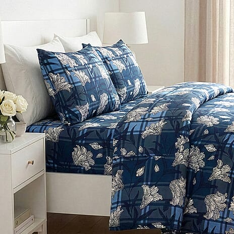 Livmore 4-Piece Floral Print Bedding Set - inc. Duvet Cover, Deep Fitted Sheet & 2 Pillowcases (Double, 200x200cm) - Navy