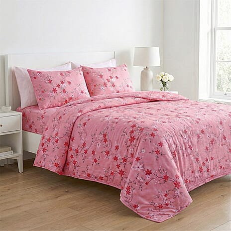 Livmore 4-Piece Floral Print Bedding Set - inc. Duvet Cover, Deep Fitted Sheet & 2 Pillowcases (King, 225x220cm) - Pink