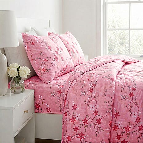 Livmore 4-Piece Floral Print Bedding Set - inc. Duvet Cover, Deep Fitted Sheet & 2 Pillowcases (King, 225x220cm) - Pink