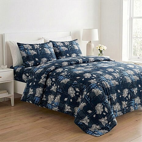 Livmore 4-Piece Floral Print Bedding Set - inc. Duvet Cover, Deep Fitted Sheet & 2 Pillowcases (King, 225x220cm) - Navy