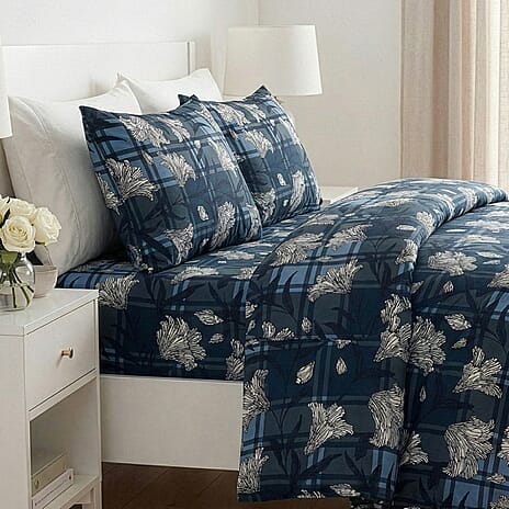 Livmore 4-Piece Floral Print Bedding Set - inc. Duvet Cover, Deep Fitted Sheet & 2 Pillowcases (King, 225x220cm) - Navy