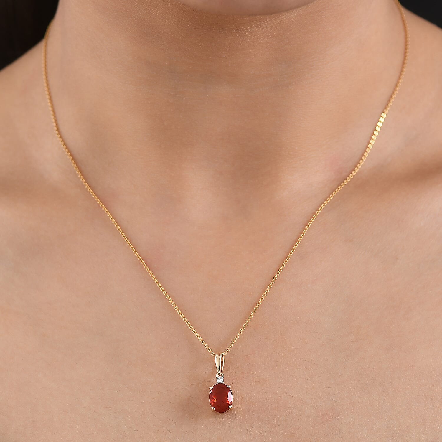 9K Yellow Gold AAAAA Cherry Fire Opal & SI-G-H Lab Grown Diamond Solitaire Pendant 1.27 Ct