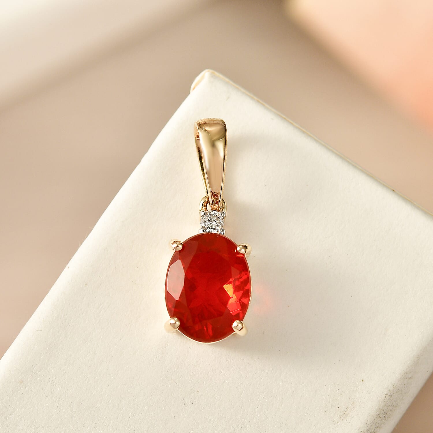 9K Yellow Gold AAAAA Cherry Fire Opal & SI-G-H Lab Grown Diamond Solitaire Pendant 1.27 Ct