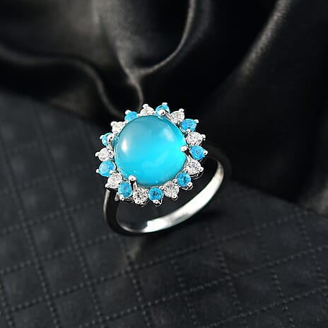 D'Joy Paraiba Moonstone, White Zircon & Neon Apatite Halo Ring in Rhodium Overlay Sterling Silver 4.77 Ct.