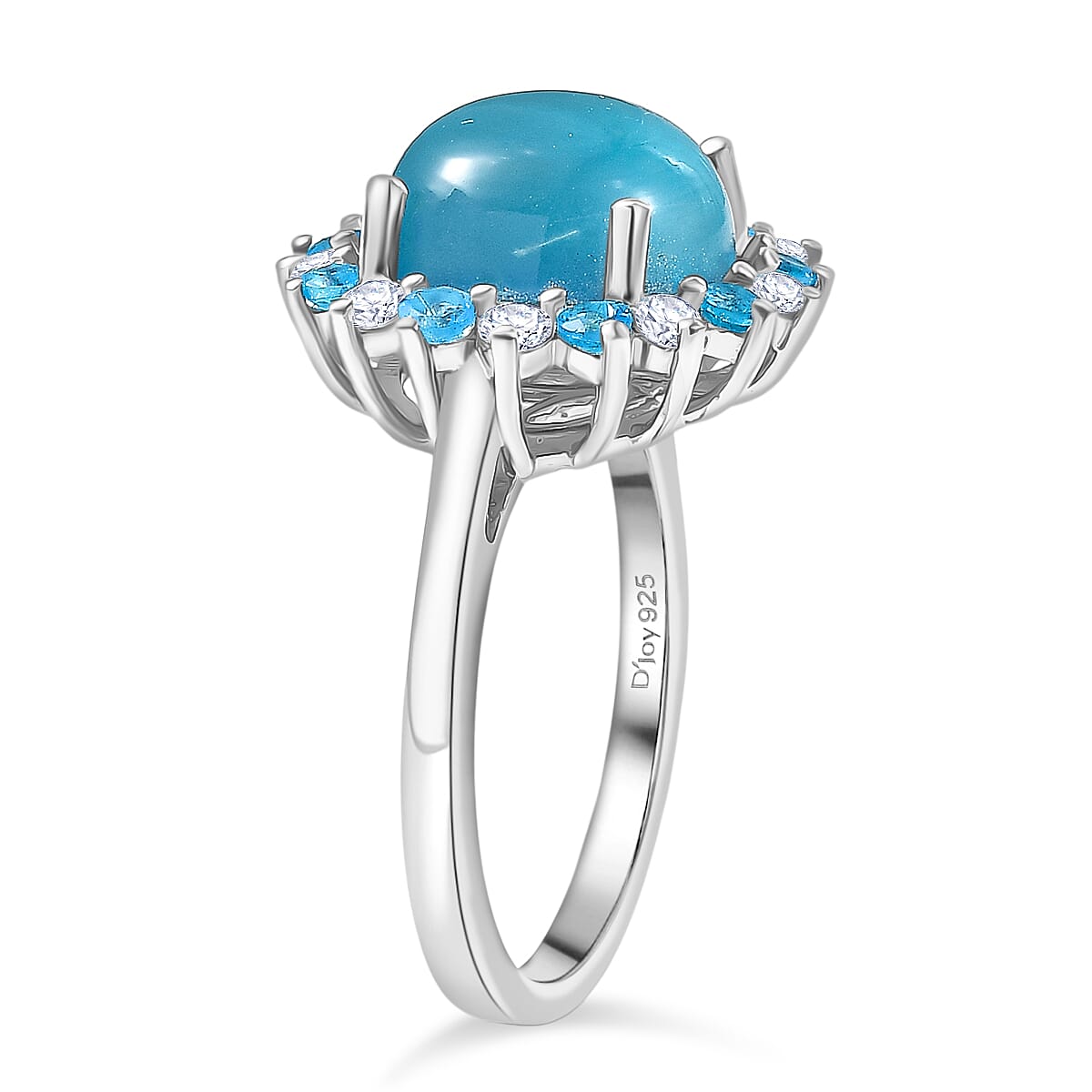 D'Joy Paraiba Moonstone, White Zircon & Neon Apatite Halo Ring in Rhodium Overlay Sterling Silver 4.77 Ct.