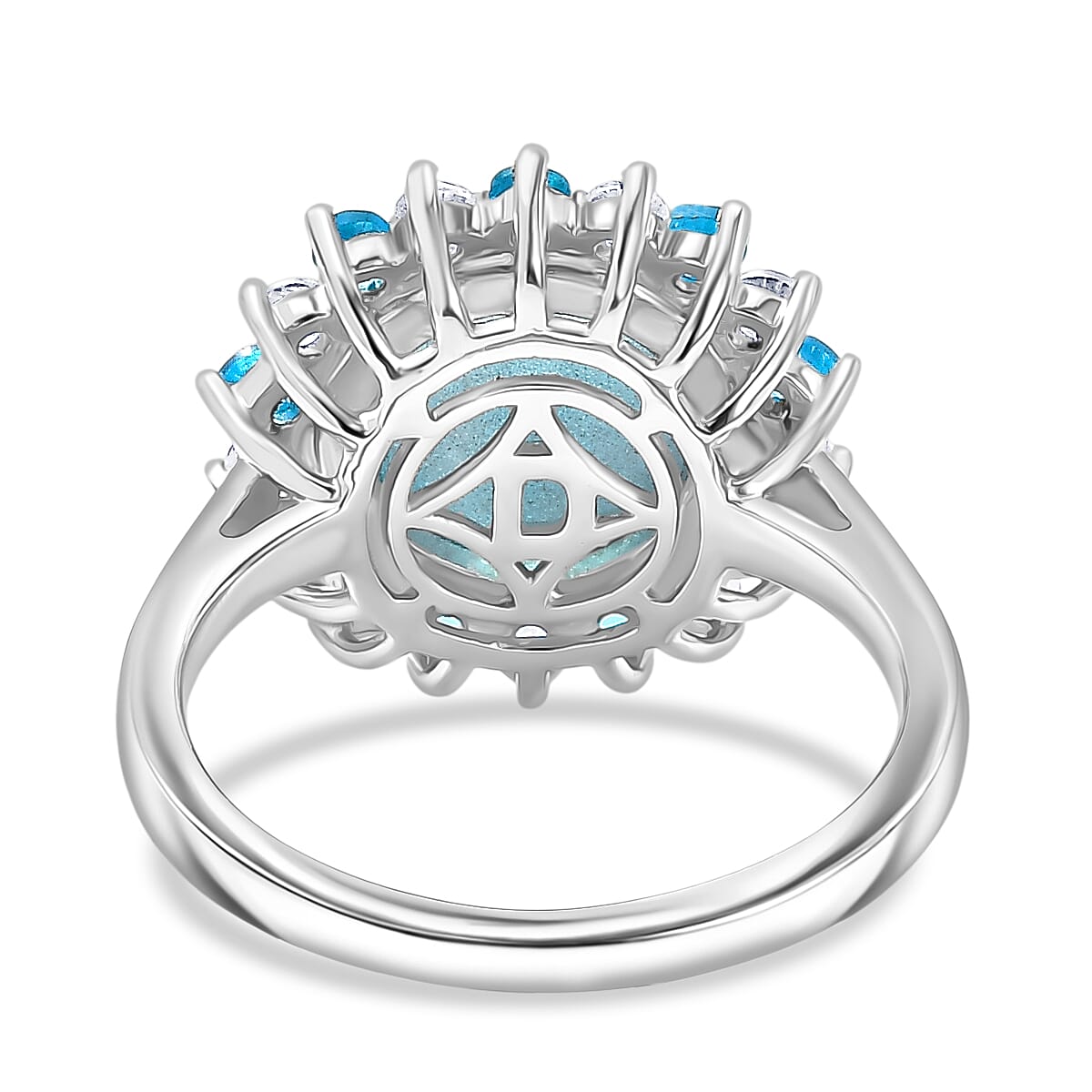 D'Joy Paraiba Moonstone, White Zircon & Neon Apatite Halo Ring in Rhodium Overlay Sterling Silver 4.77 Ct.