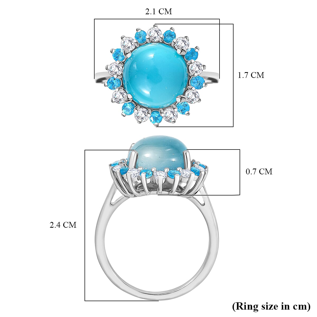 D'Joy Paraiba Moonstone, White Zircon & Neon Apatite Halo Ring in Rhodium Overlay Sterling Silver 4.77 Ct.