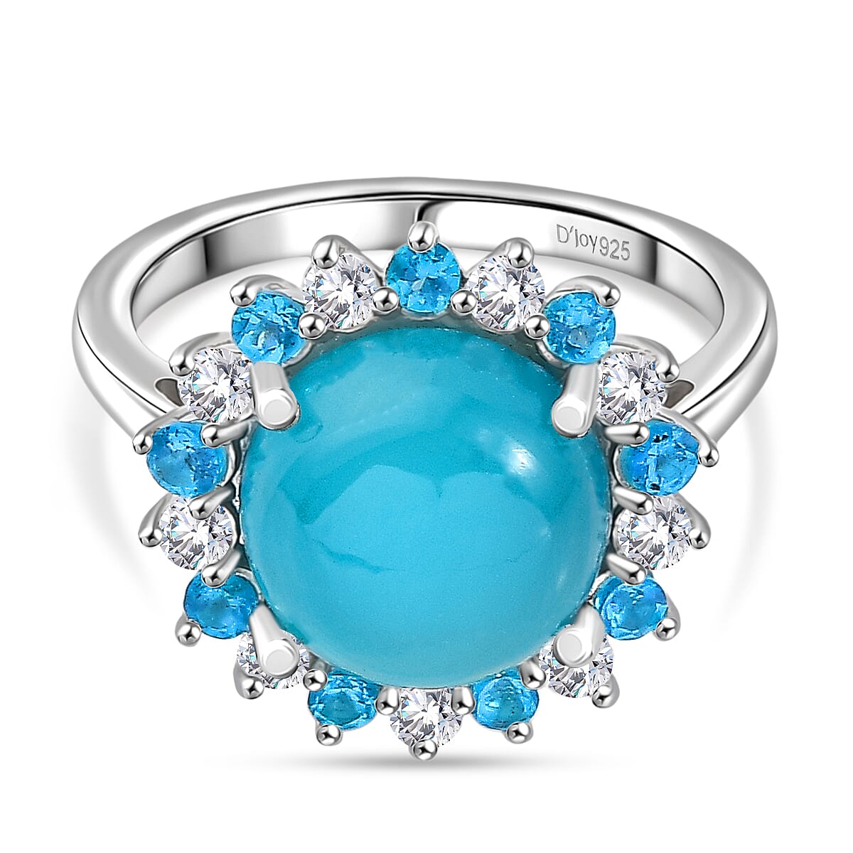 D'Joy Paraiba Moonstone, White Zircon & Neon Apatite Halo Ring in Rhodium Overlay Sterling Silver 4.77 Ct.