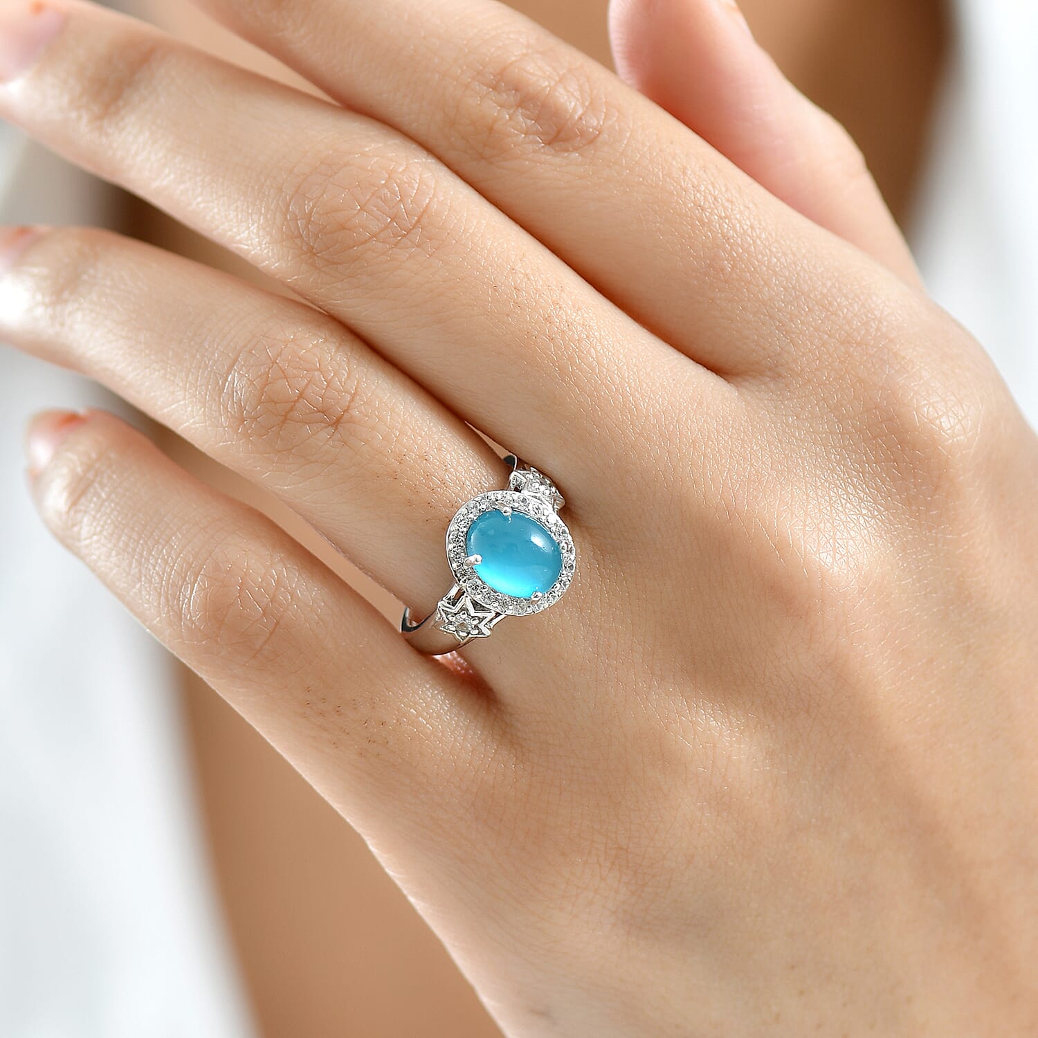 D'Joy Paraiba Moonstone & White Zircon Ring in Platinum Overlay Sterling Silver 2.49 Ct.