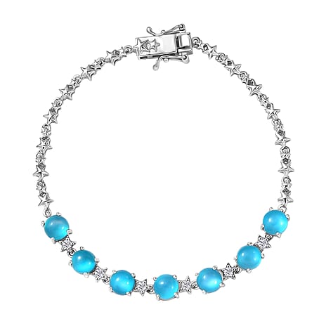 D'Joy Paraiba Moonstone & White Zircon Linking Bracelet (Size 7.5) with GB Lock Box in Rhodium Overlay Sterling Silver 7.44 Ct, Silver Wt. 8.18 Gms.