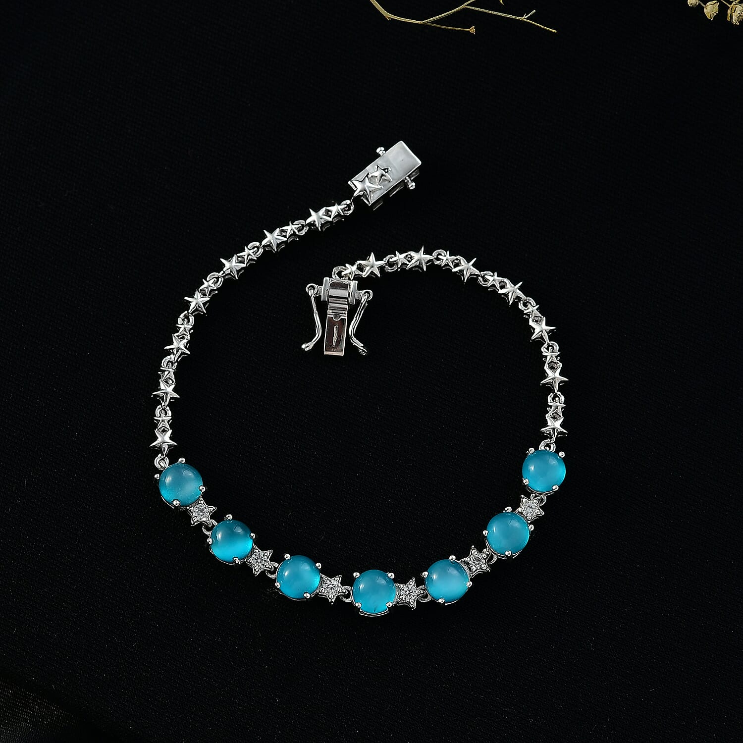 D'Joy Paraiba Moonstone & White Zircon Linking Bracelet (Size 7.5) with GB Lock Box in Rhodium Overlay Sterling Silver 7.44 Ct, Silver Wt. 8.18 Gms.
