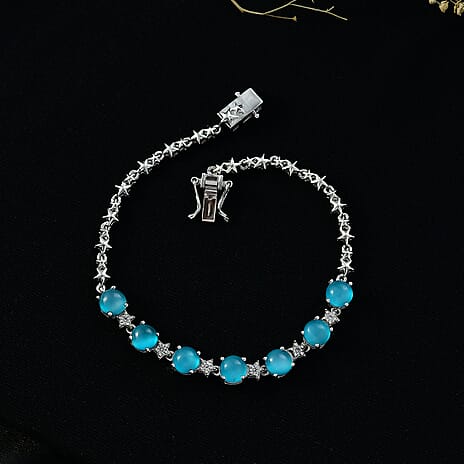 D'Joy Paraiba Moonstone and Natural Zircon Station Bracelet (Size 7.5) with GB Lock Box in Rhodium Overlay Sterling Silver 7.50 Ct