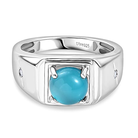 D'Joy Paraiba Moonstone & White Zircon Mens Ring in Platinum Overlay Sterling Silver 2.16 Ct, Silver Wt. 5.20 Gms.