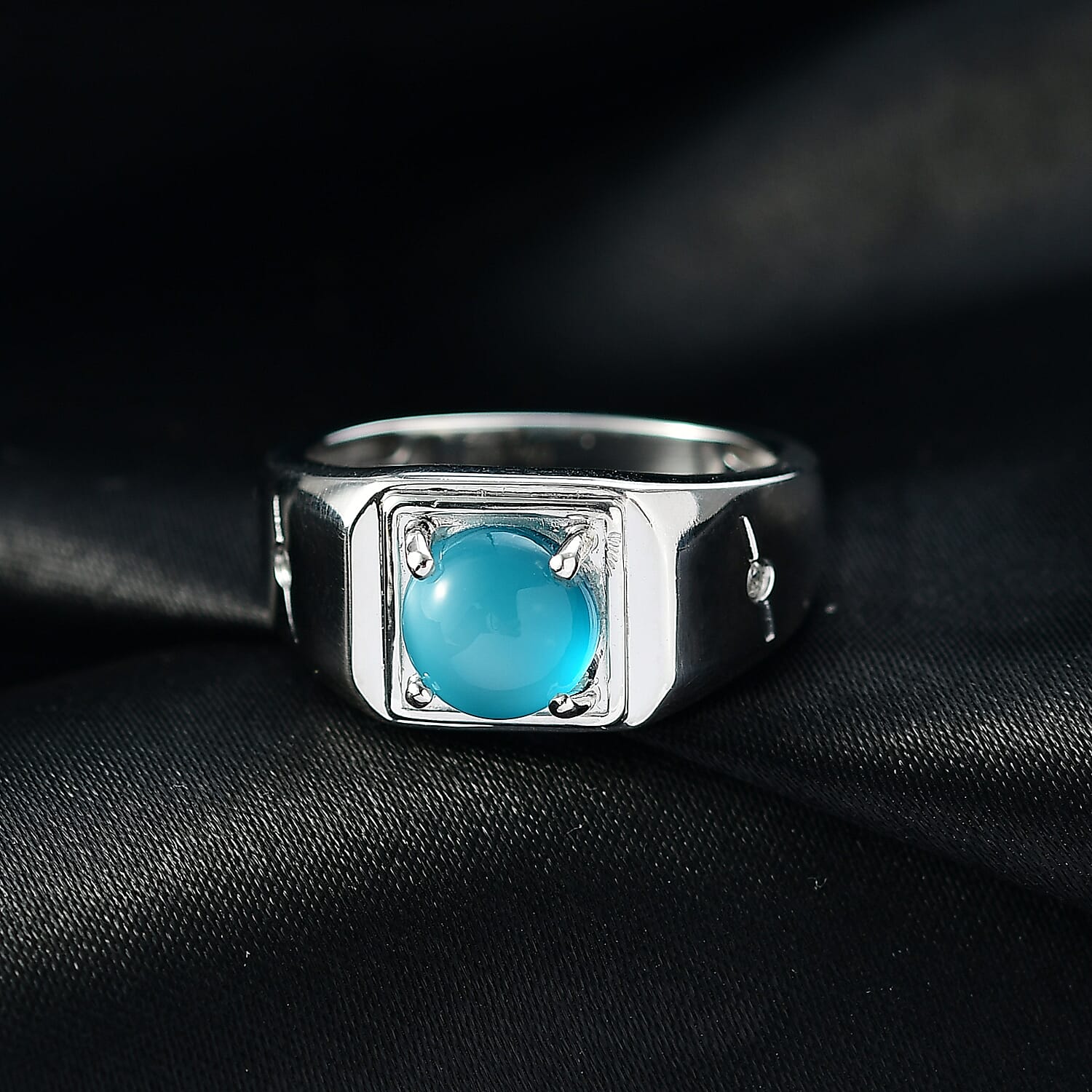 D'Joy Paraiba Moonstone & White Zircon Mens Ring in Platinum Overlay Sterling Silver 2.16 Ct, Silver Wt. 5.20 Gms.