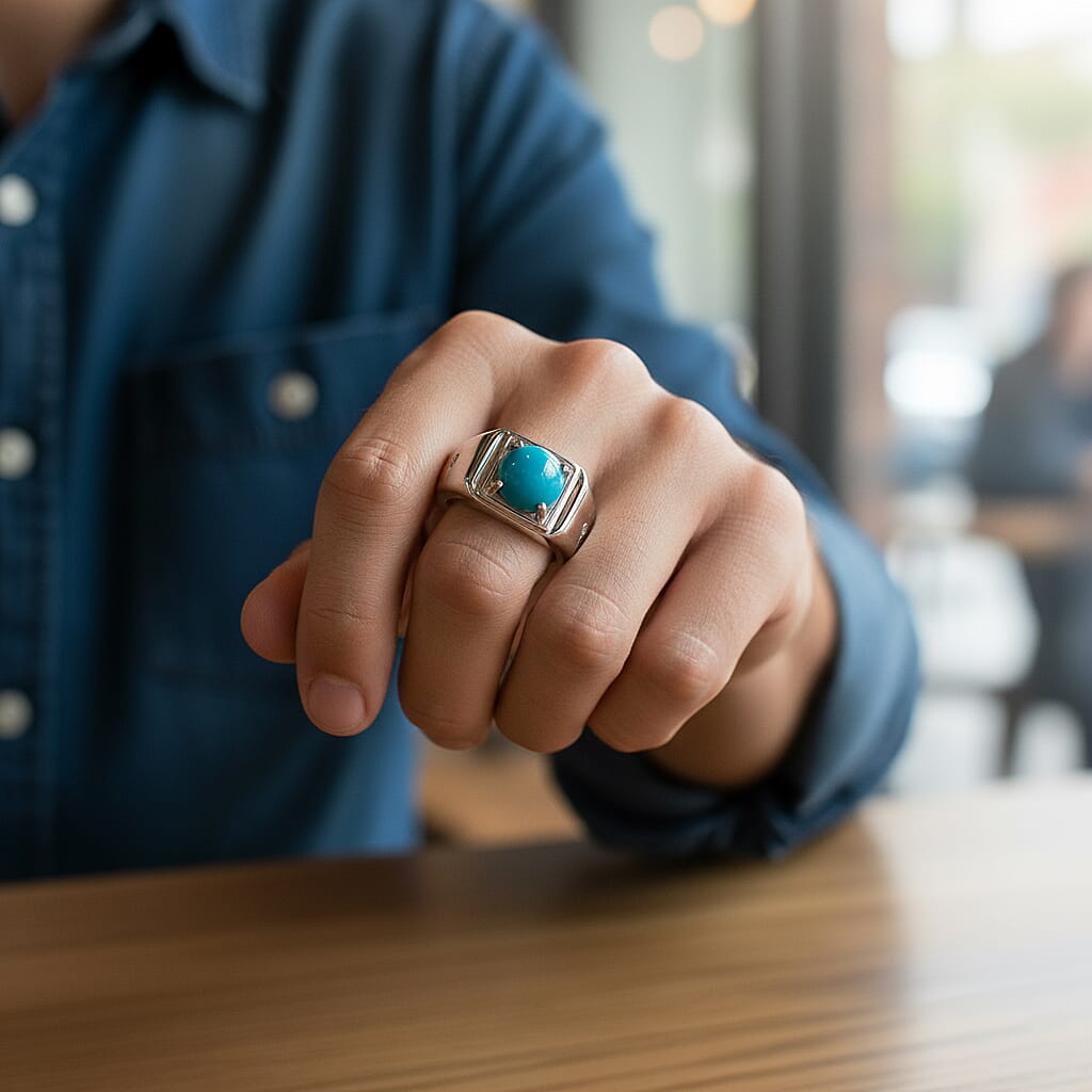 D'Joy Paraiba Moonstone & White Zircon Mens Ring in Platinum Overlay Sterling Silver 2.16 Ct, Silver Wt. 5.20 Gms.