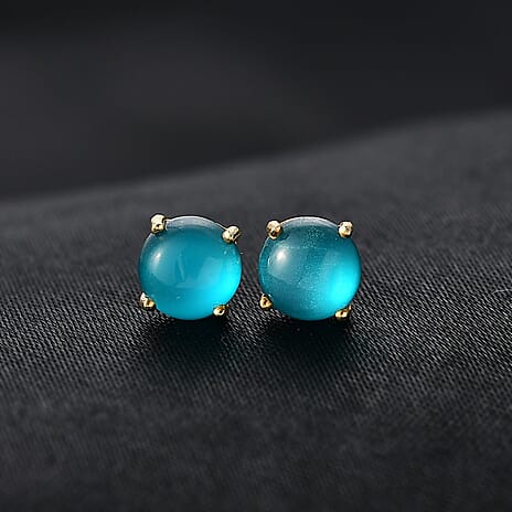 D'Joy Paraiba Moonstone Solitaire Stud Push Post Earring in Yellow Gold Plated Sterling Silver 2.00 Ct.