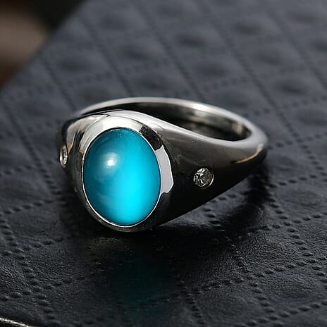 D'Joy Paraiba Moonstone & White Zircon Ring in Platinum Overlay Sterling Silver 2.81 Ct.