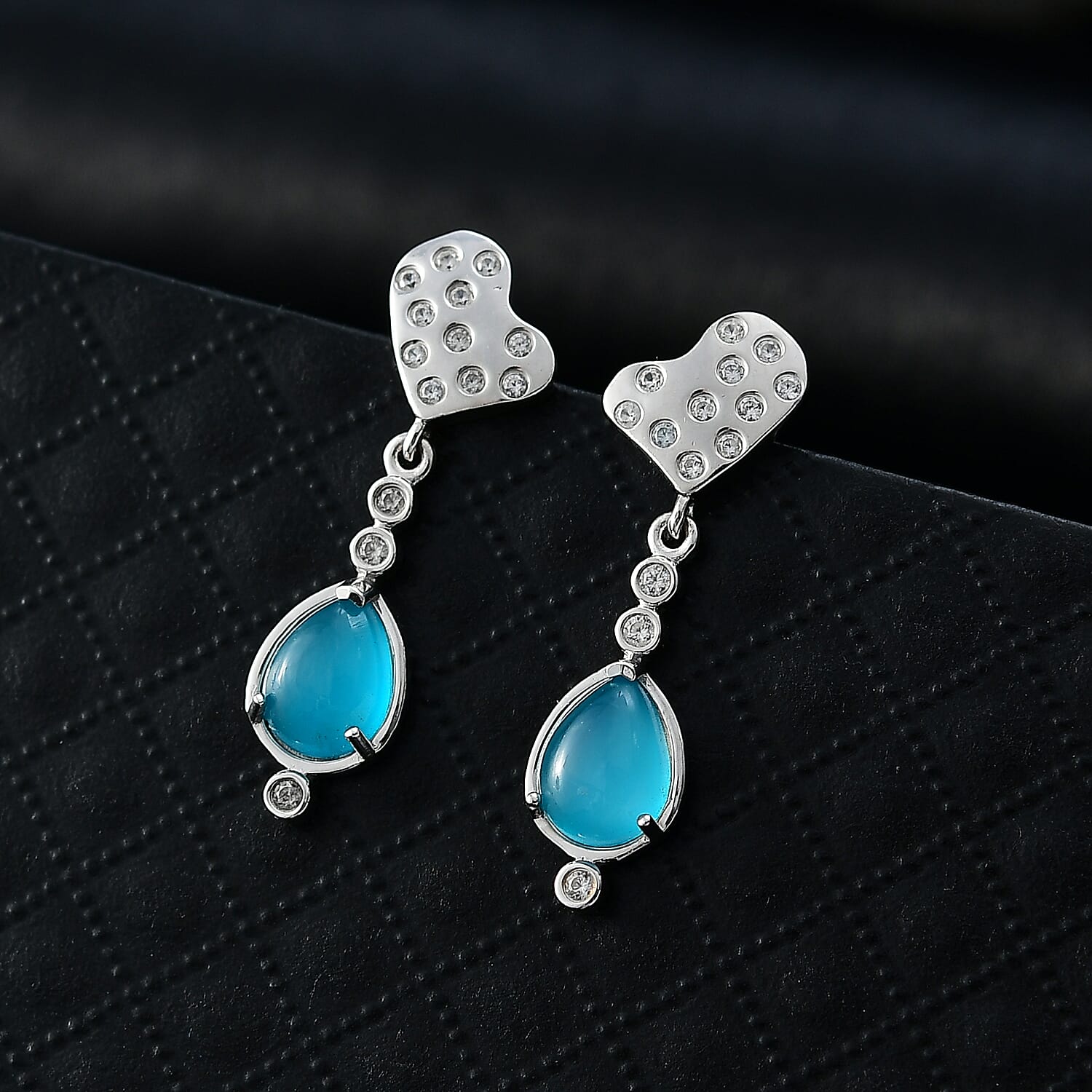 D'Joy Paraiba Moonstone & White Zircon Dangling Earring with Push Back in Platinum Overlay Sterling Silver 2.39 Ct.