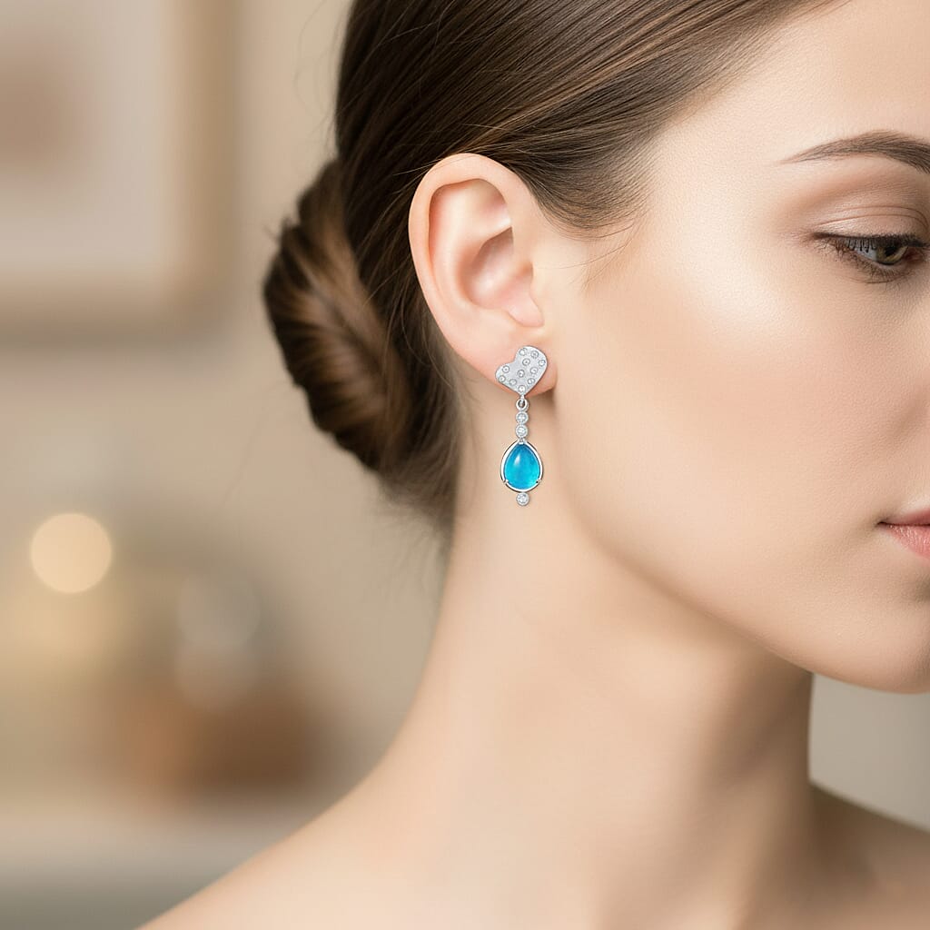 D'Joy Paraiba Moonstone & White Zircon Dangling Earring with Push Back in Platinum Overlay Sterling Silver 2.39 Ct.