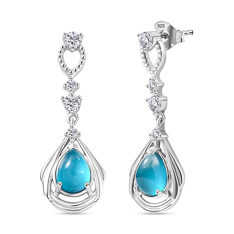 D'Joy Paraiba Moonstone & White Zircon Dangling Earring with Push Back in Platinum Overlay Sterling Silver 2.65 Ct.
