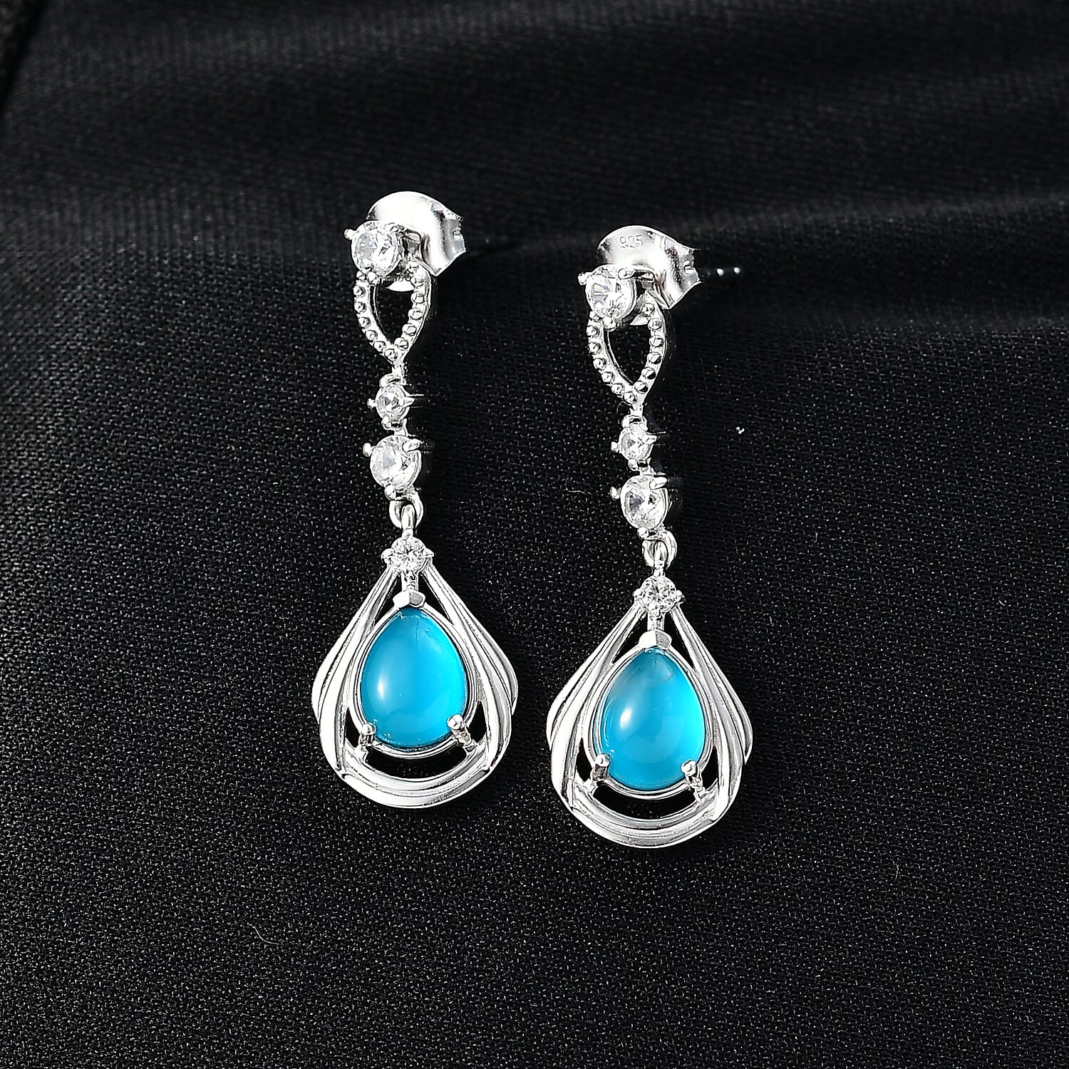 D'Joy Paraiba Moonstone & White Zircon Dangling Earring with Push Back in Platinum Overlay Sterling Silver 2.65 Ct.