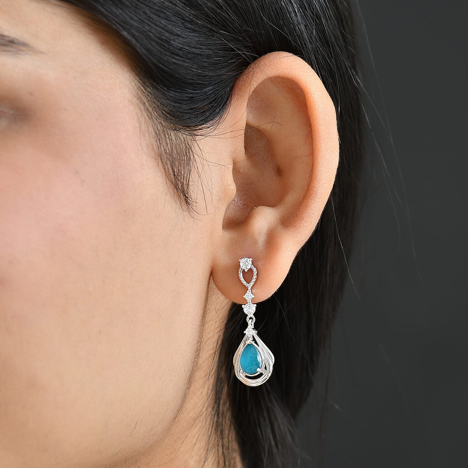 D'Joy Paraiba Moonstone & White Zircon Dangling Earring with Push Back in Platinum Overlay Sterling Silver 2.65 Ct.
