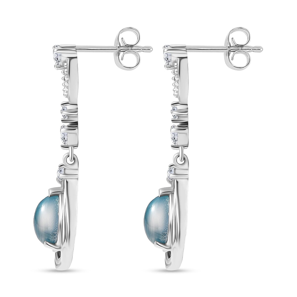 D'Joy Paraiba Moonstone & White Zircon Dangling Earring with Push Back in Platinum Overlay Sterling Silver 2.65 Ct.
