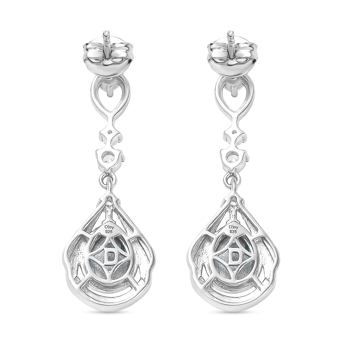 D'Joy Paraiba Moonstone & White Zircon Dangling Earring with Push Back in Platinum Overlay Sterling Silver 2.65 Ct.