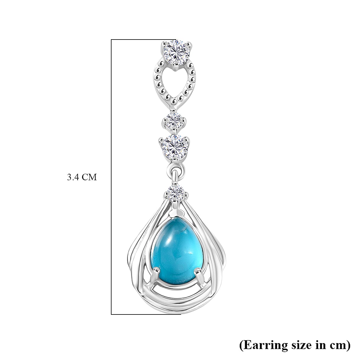 D'Joy Paraiba Moonstone & White Zircon Dangling Earring with Push Back in Platinum Overlay Sterling Silver 2.65 Ct.