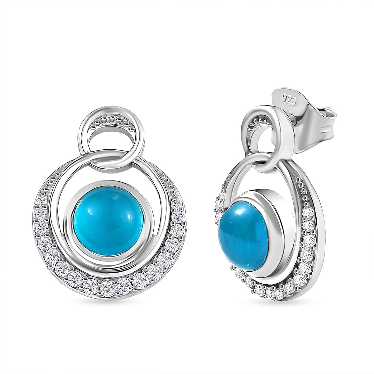 D'Joy Paraiba Moonstone & White Zircon Earring with Push Back in Platinum Overlay Sterling Silver 2.38 Ct.