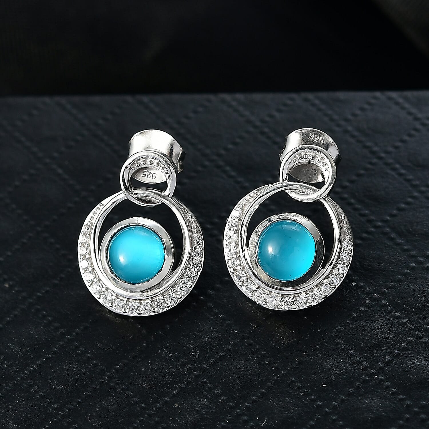 D'Joy Paraiba Moonstone & White Zircon Earring with Push Back in Platinum Overlay Sterling Silver 2.38 Ct.