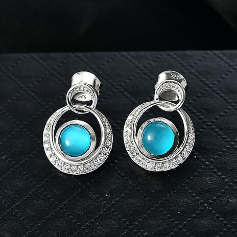 D'Joy Paraiba Moonstone & White Zircon Earring with Push Back in Platinum Overlay Sterling Silver 2.38 Ct.