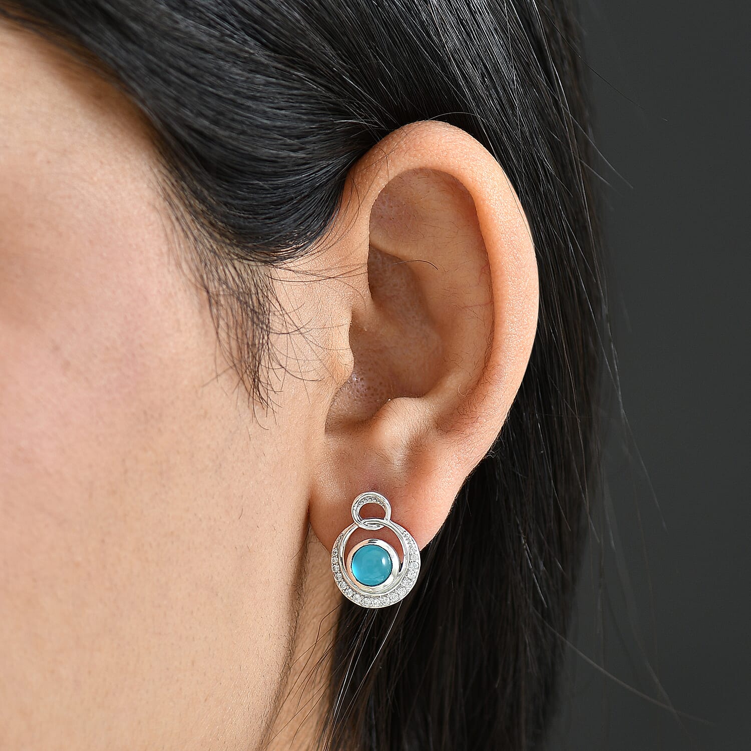 D'Joy Paraiba Moonstone & White Zircon Earring with Push Back in Platinum Overlay Sterling Silver 2.38 Ct.
