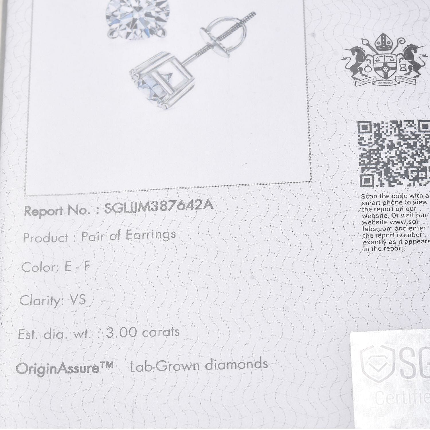 Luxuriant 950 Platinum SGL Certified Lab Grown Diamond (VS-EF)  Earrings with Screw Back 3.06 Ct.